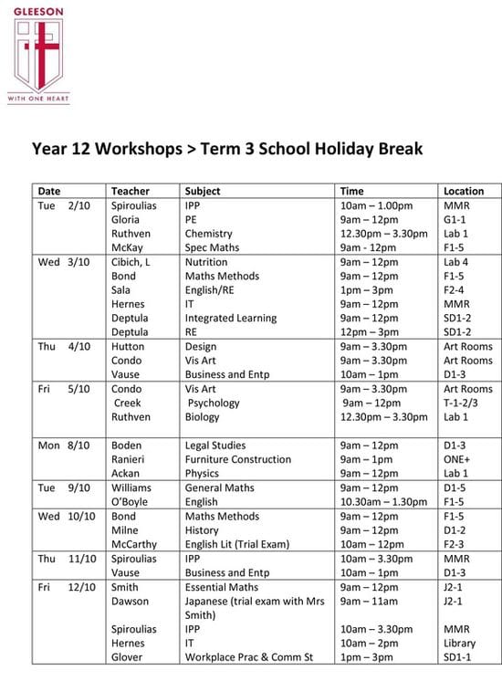 YEAR 12 WORKSHOPS > Term 3 School Holidays 2018